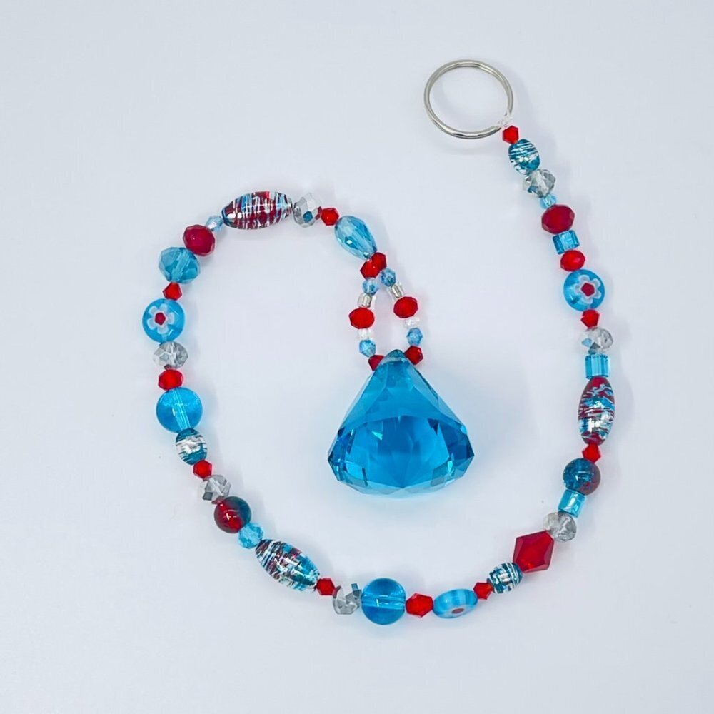 Beaded Suncatcher - Red Turquoise -Triangular Crystal Prism - Hanging Decor - Picture 2 of 16